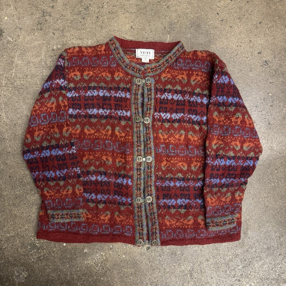 Yeti Hand Knitted Nepal XL Cardigan Red Geometric Fair Isle Boho Wool Blend - Picture 2 of 7